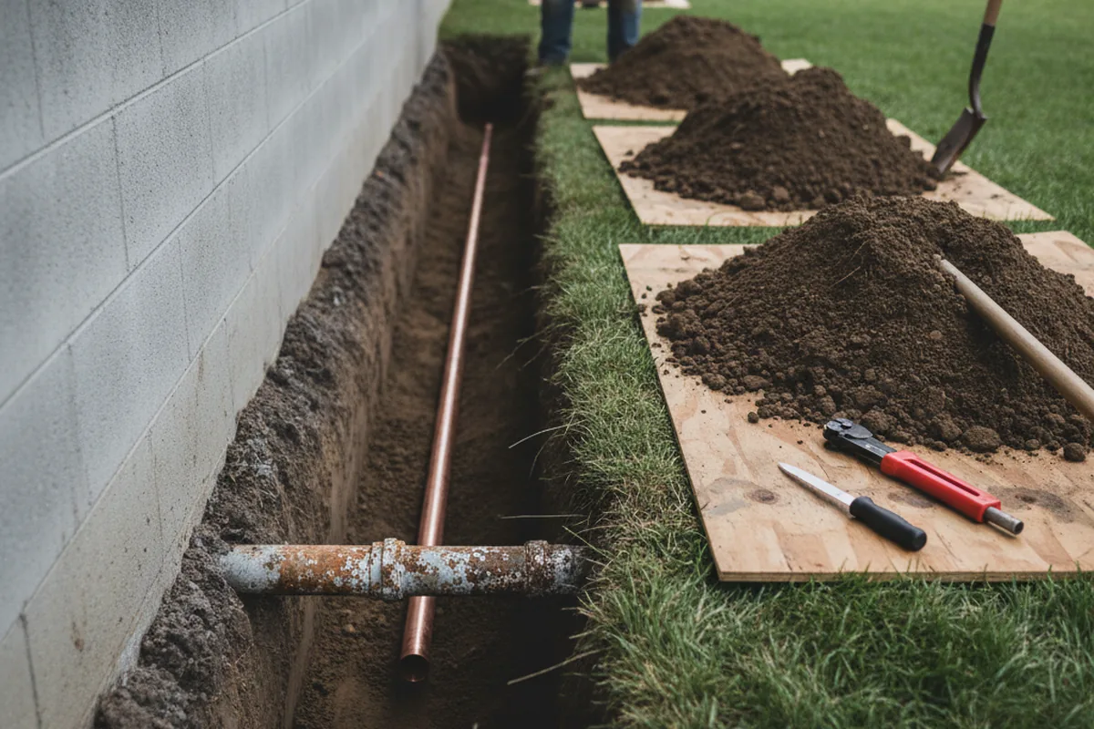 Excavated water line trench during Water Softener Installation in North Augusta